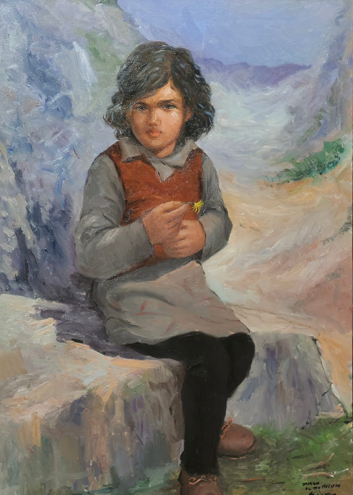 Bimba con il fiore in mano — opera originale dipinta a mano da Emilio Ventura, Olio su tela, 50x70 cm