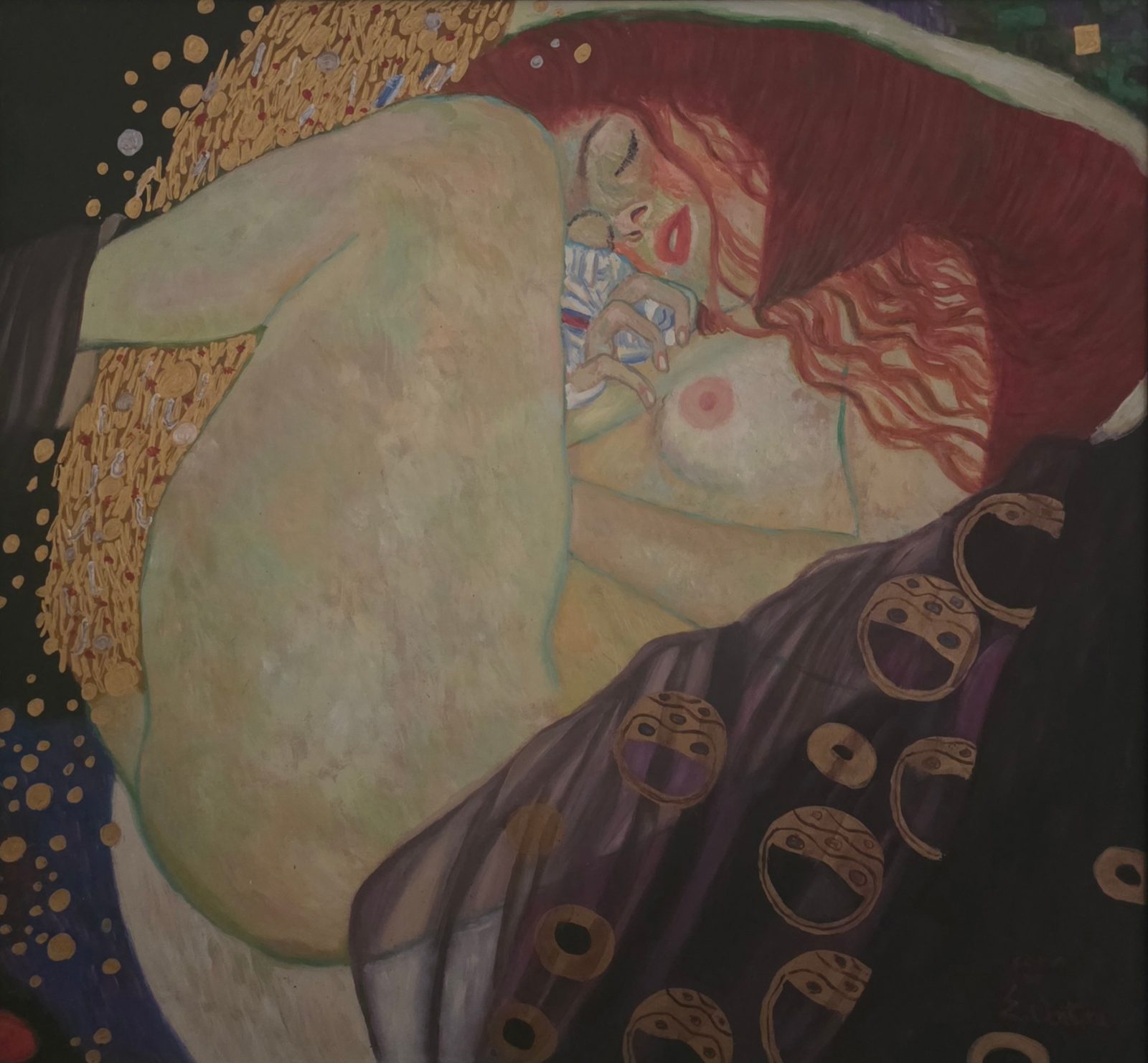 Danae di Gustav Klimt — falso d'autore dipinto a mano da Emilio Ventura, Olio e foglia d'oro su tavola, 60x67 cm
