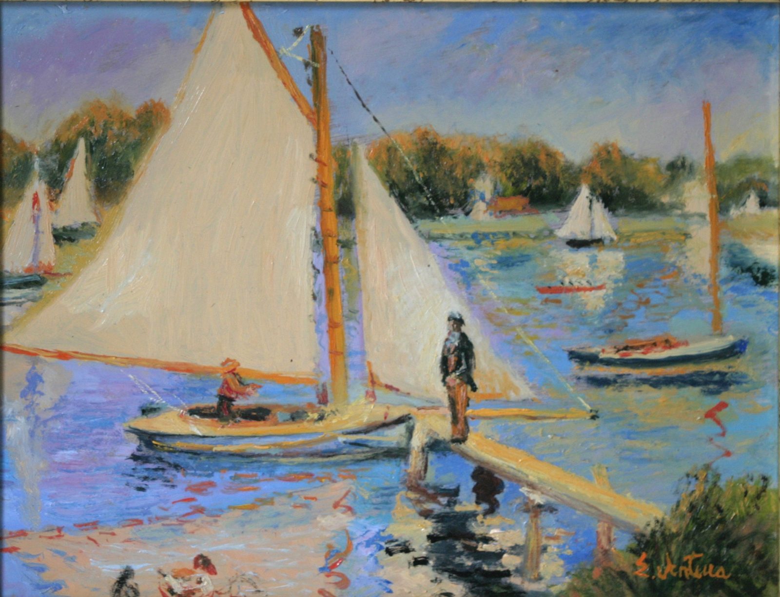 Barche a vela ad Argenteuil di Pierre-Auguste Renoir — falso d'autore dipinto a mano da Emilio Ventura, Olio su tela, 24x31 cm