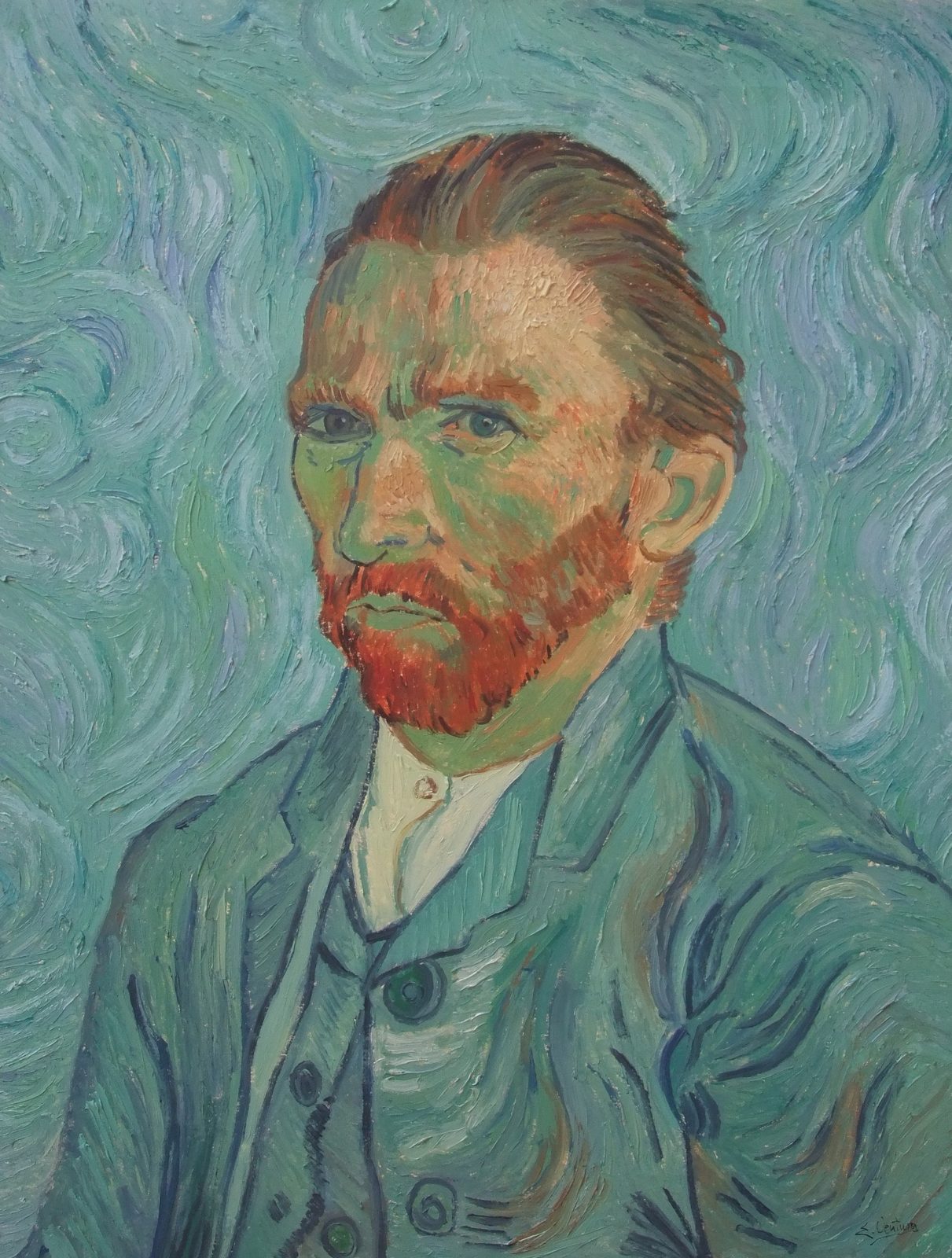 Autoritratto di Vincent Van Gogh — falso d'autore dipinto a mano da Emilio Ventura, Olio su tela, 54x69 cm