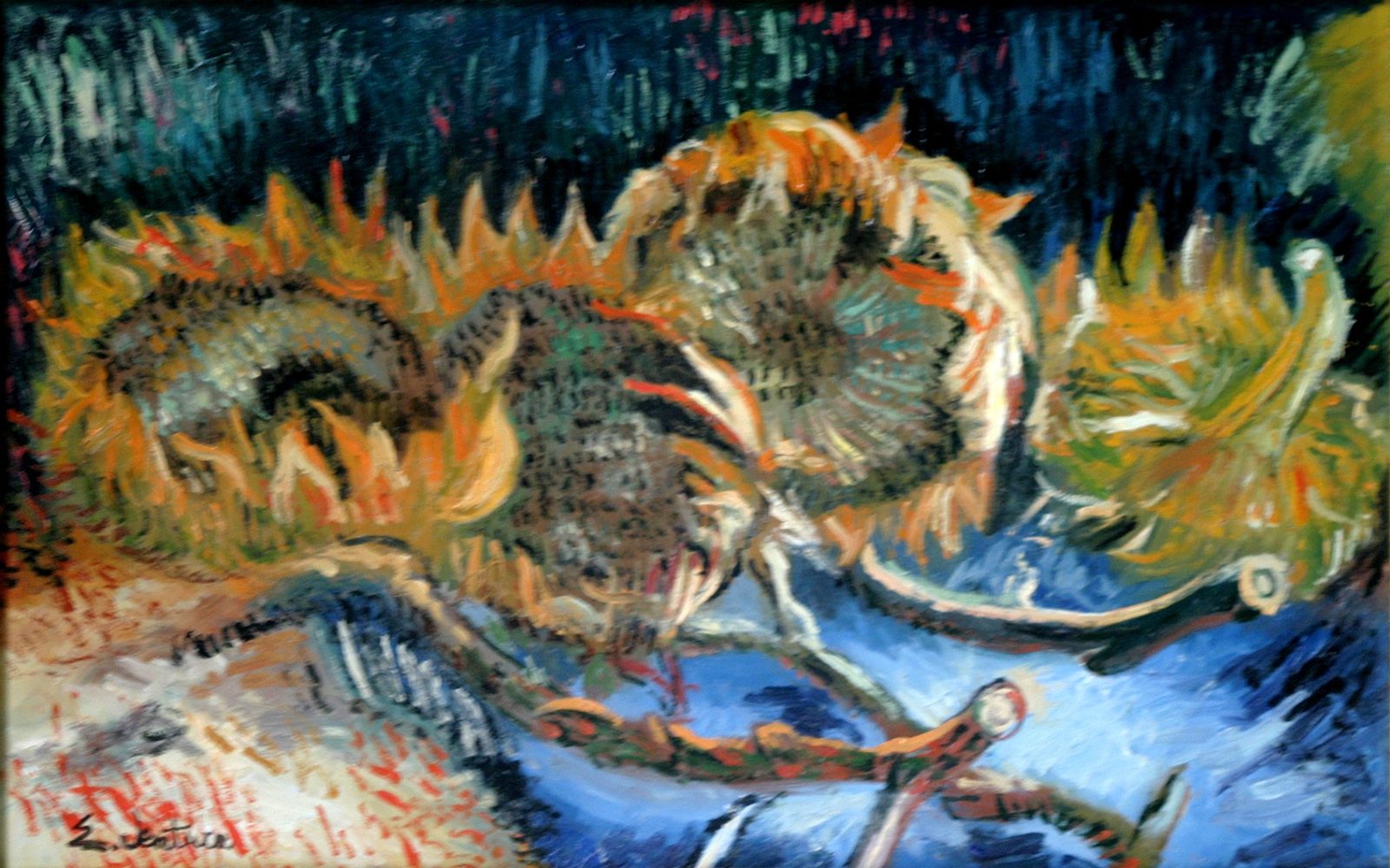 Quattro girasoli appassiti di Vincent Van Gogh — falso d'autore dipinto a mano da Emilio Ventura, Olio su tela, 30x60 cm