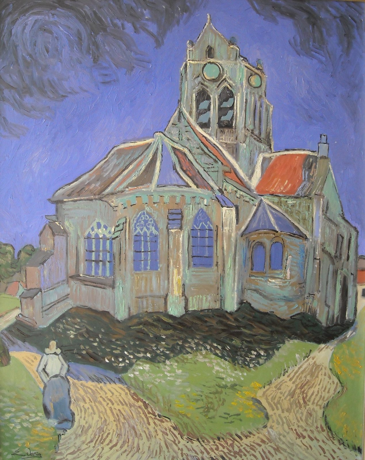 La Chiesa di Auvers di Vincent Van Gogh — falso d'autore dipinto a mano da Emilio Ventura, Olio su tela, 74x94 cm