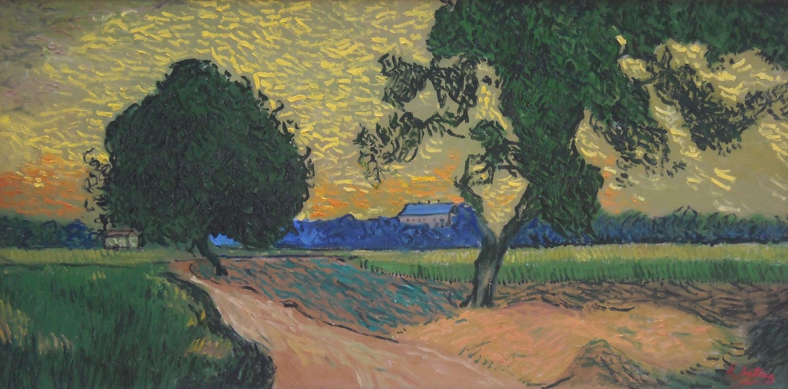 Paesaggio al tramonto di Vincent Van Gogh — falso d'autore dipinto a mano da Emilio Ventura, Olio su tela, 50x100 cm