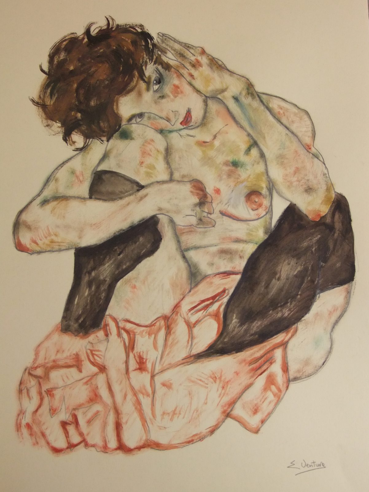 Nudo di ragazza accovacciata di Egon Schiele — falso d'autore dipinto a mano da Emilio Ventura, Acquerello su cartoncino, 35x50 cm
