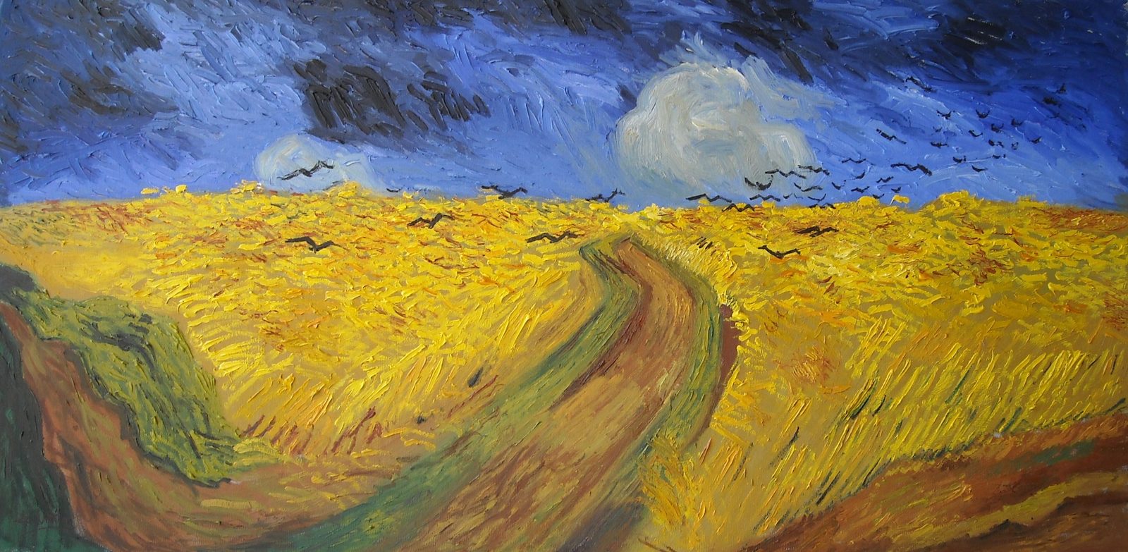 Campo di grano con corvi di Vincent Van Gogh — falso d'autore dipinto a mano da Emilio Ventura, Olio su tela, 50x100 cm