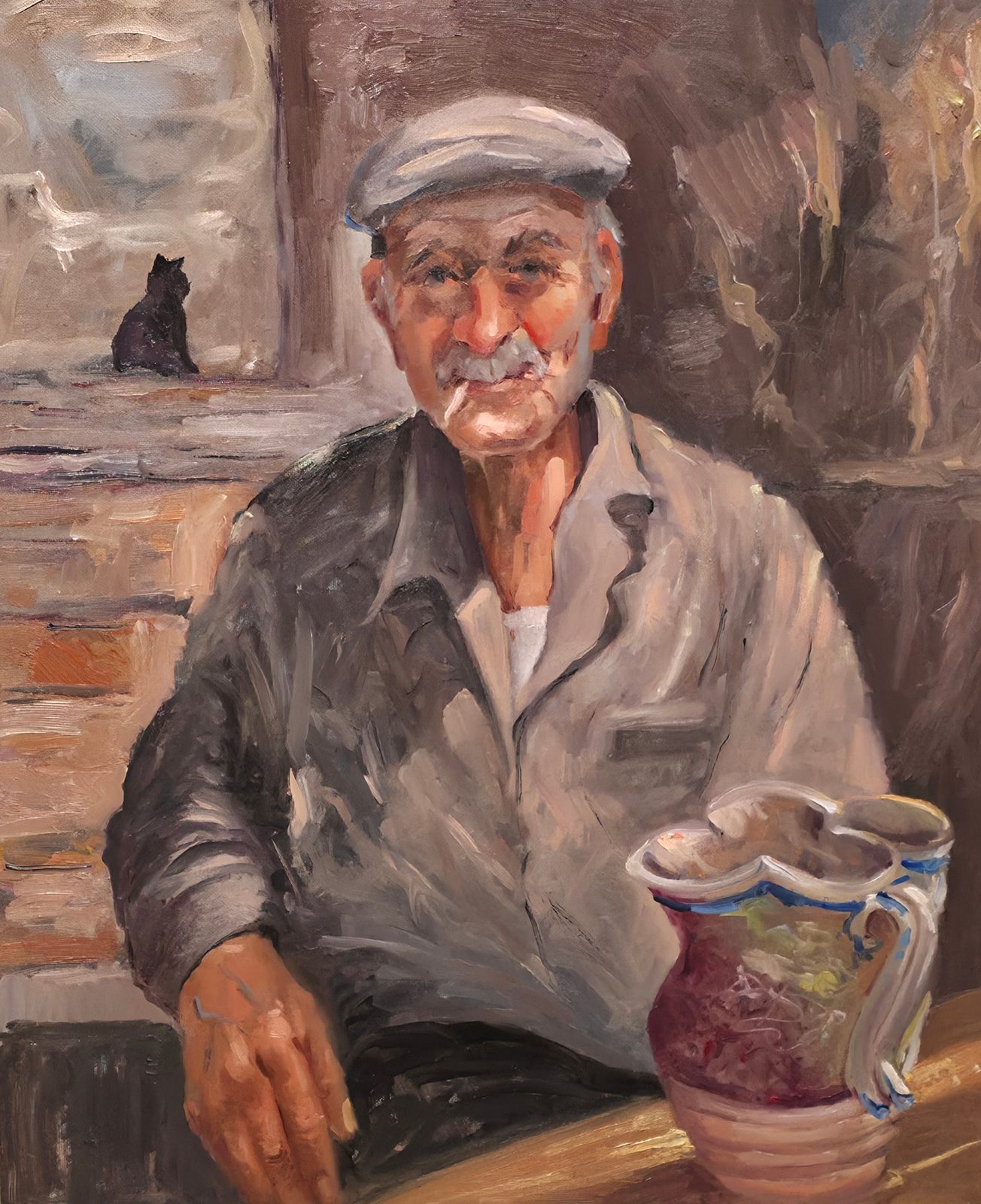 Vecchio con brocca e gatto — opera originale dipinta a mano da Emilio Ventura, Olio su tela, 50x60 cm