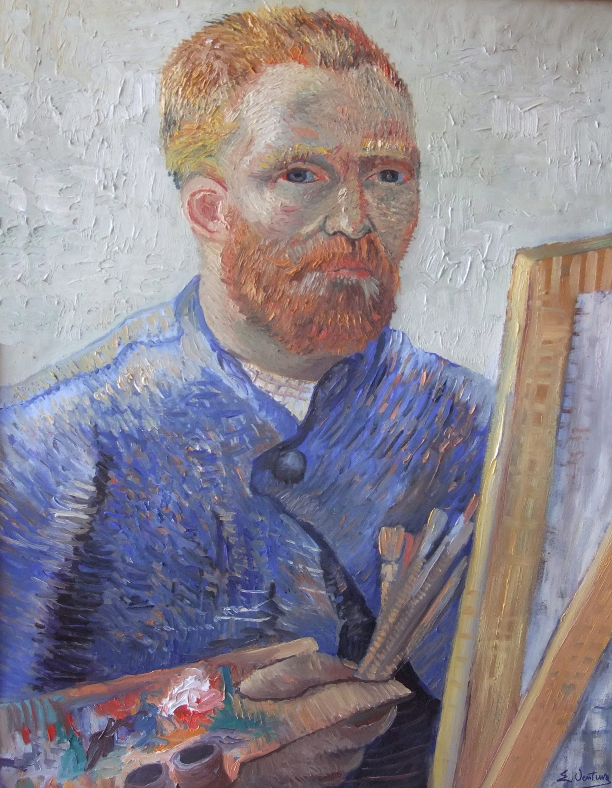 Autoritratto al cavalletto di Vincent Van Gogh — falso d'autore dipinto a mano da Emilio Ventura, Olio su tela, 55x68 cm