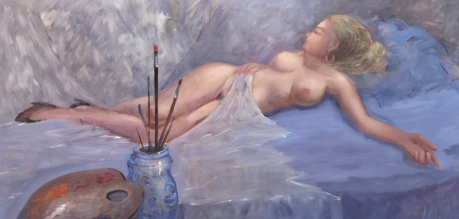 In attesa dell'estro — opera originale dipinta a mano da Emilio Ventura, Olio su tela, 120x60 cm