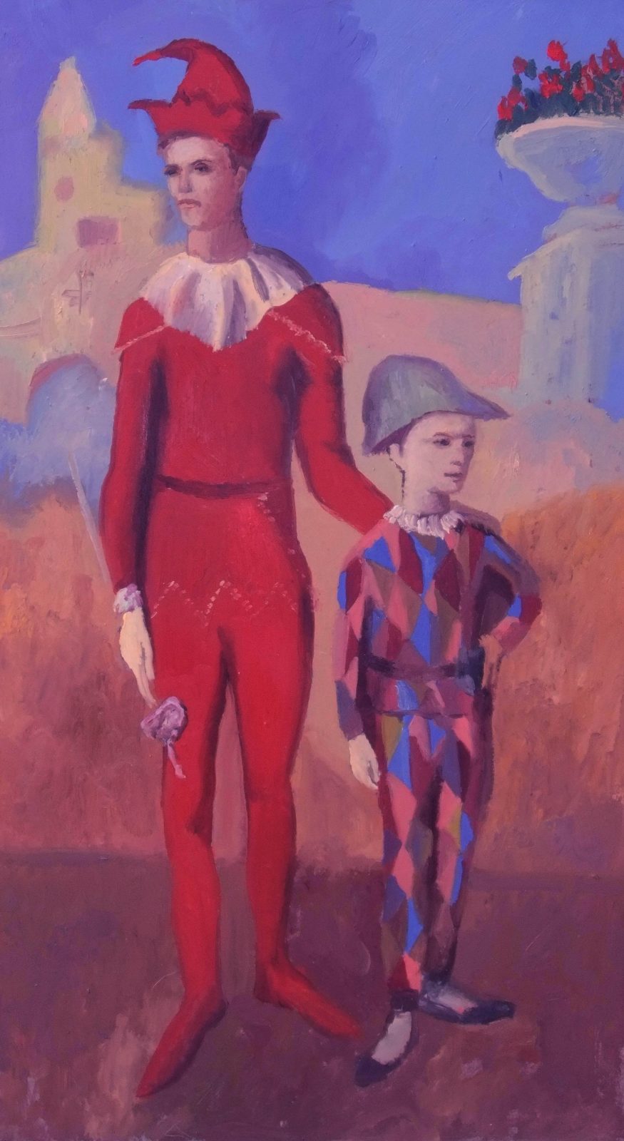 Acrobata e giovane arlecchino di Pablo Picasso — falso d'autore dipinto a mano da Emilio Ventura, Olio su tela, 30x60 cm