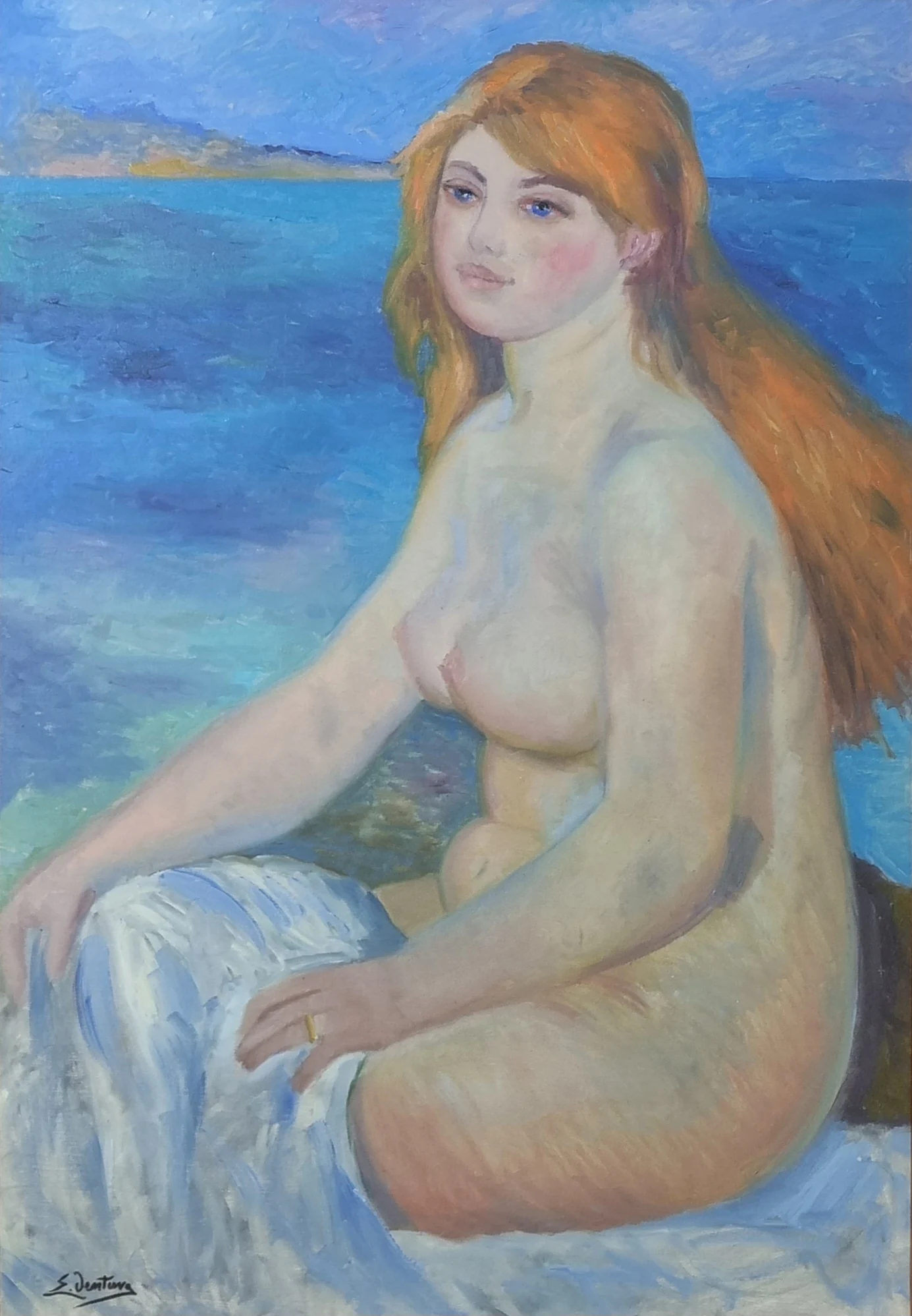 La bagnante bionda di Pierre-Auguste Renoir — falso d'autore dipinto a mano da Emilio Ventura, Olio su tela, 63x90 cm