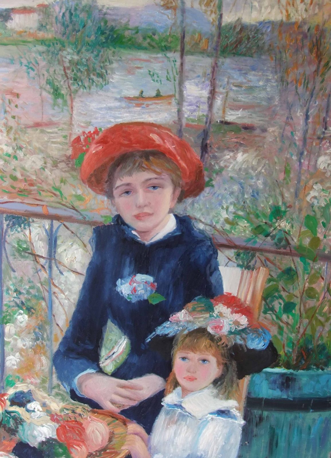 Sulla terrazza di Pierre-Auguste Renoir — falso d'autore dipinto a mano da Emilio Ventura, Olio su tela, 100x80 cm