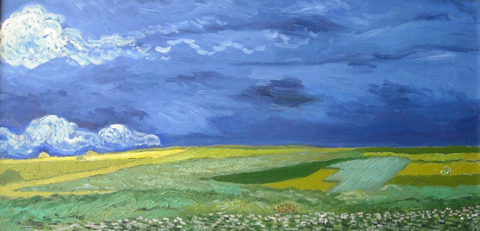 Campo di grano sotto un cielo nuvoloso di Vincent Van Gogh — falso d'autore dipinto a mano da Emilio Ventura, Olio su tela, 50x100 cm