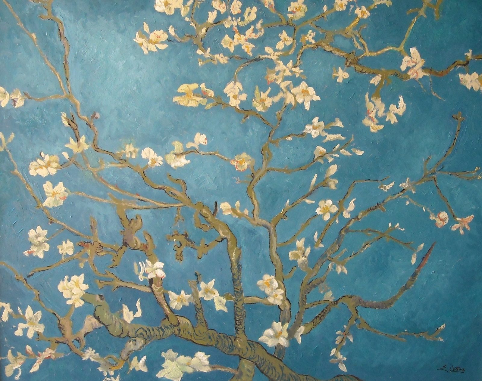 Ramo di mandorlo in fiore di Vincent Van Gogh — falso d'autore dipinto a mano da Emilio Ventura, Olio su tela, 73x92 cm