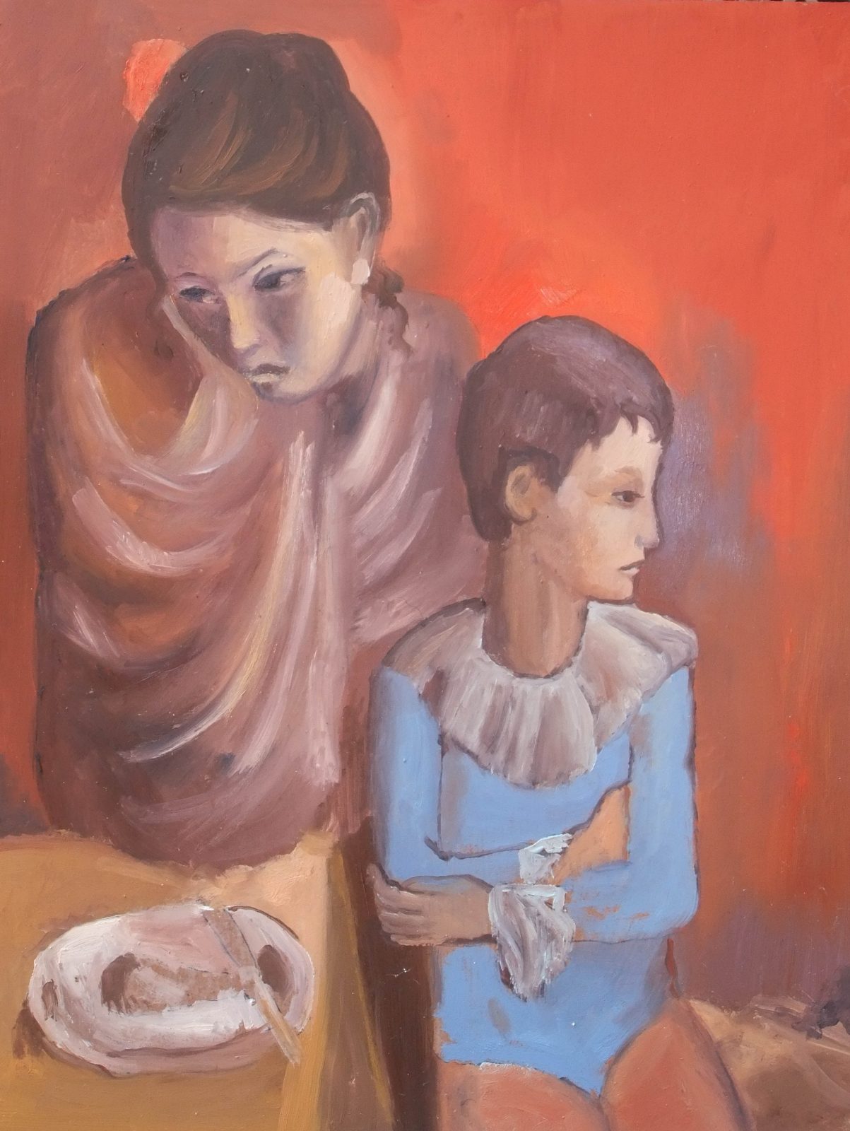 Madre con giovane acrobata di Pablo Picasso — falso d'autore dipinto a mano da Emilio Ventura, Olio su tavola, 44x34 cm