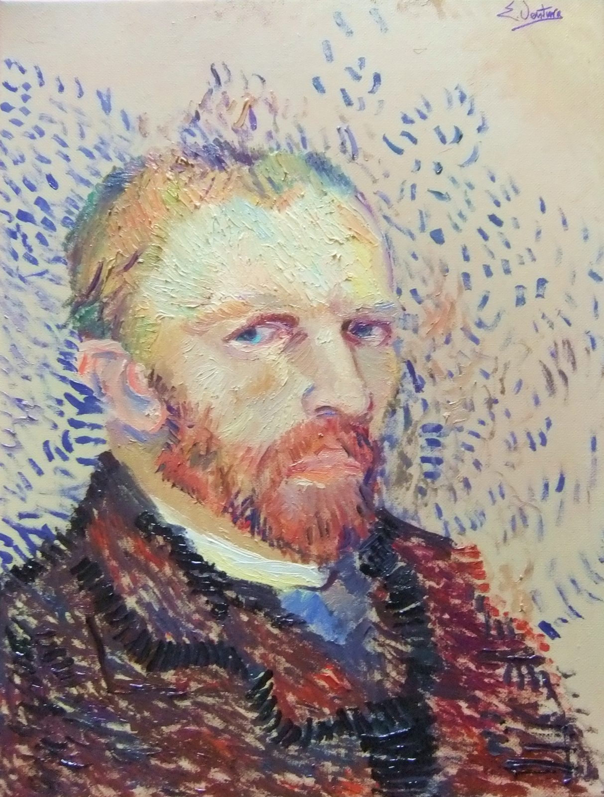 Autoritratto puntinato di Vincent Van Gogh — falso d'autore dipinto a mano da Emilio Ventura, Olio su tela, 30x40 cm
