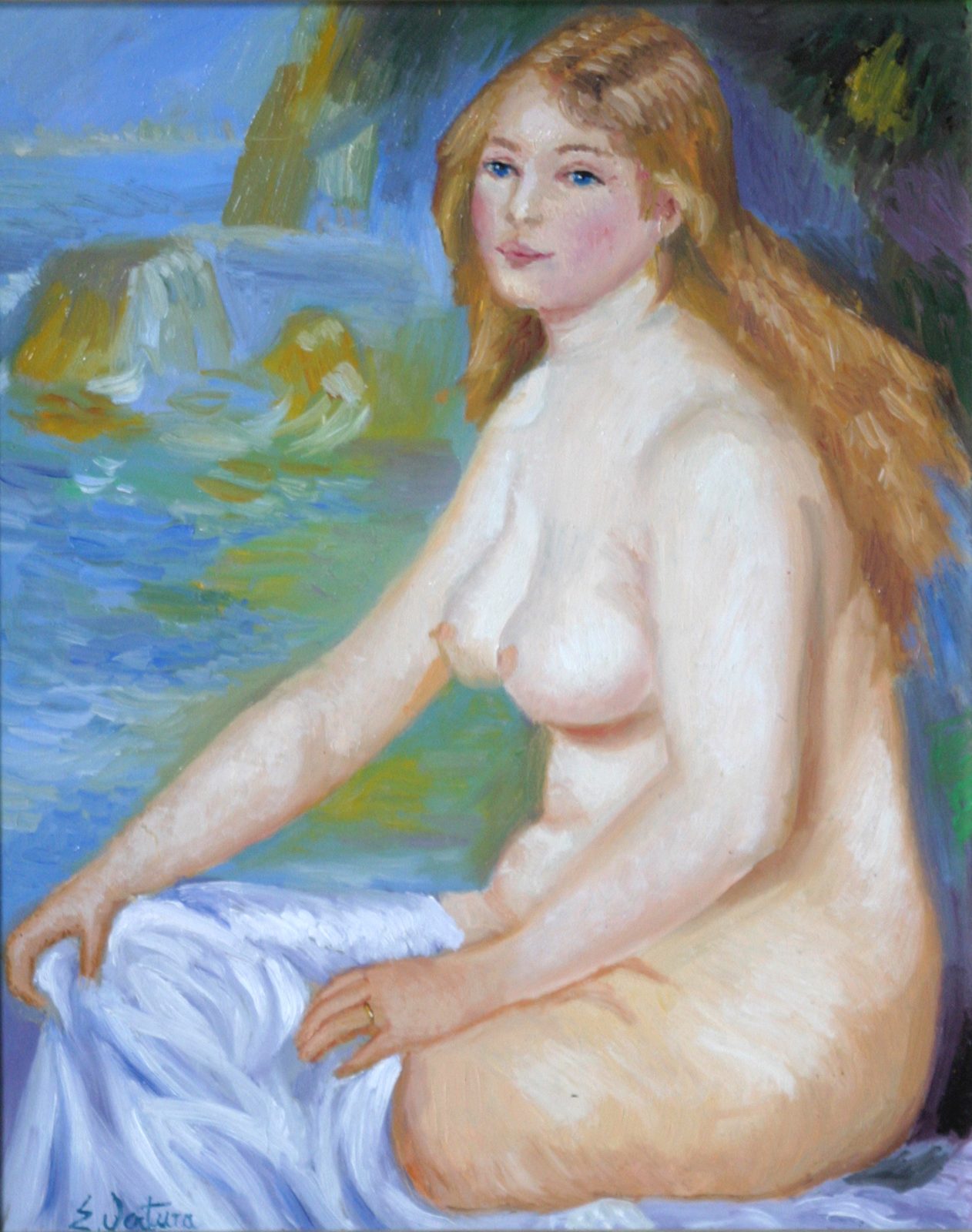 La bagnante di Pierre-Auguste Renoir — falso d'autore dipinto a mano da Emilio Ventura, Olio su tela, 29x36 cm