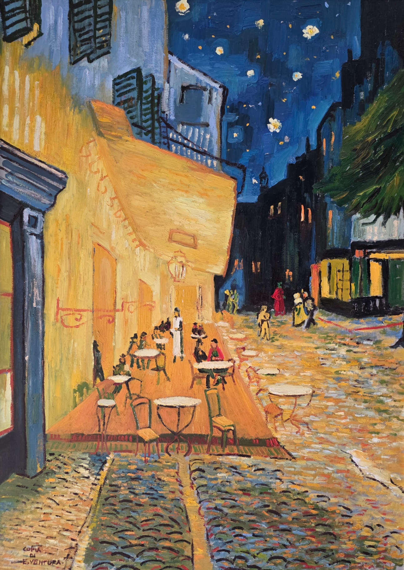 Terrazza del caffè la sera di Vincent Van Gogh — falso d'autore dipinto a mano da Emilio Ventura, Olio su tela, 50x70 cm