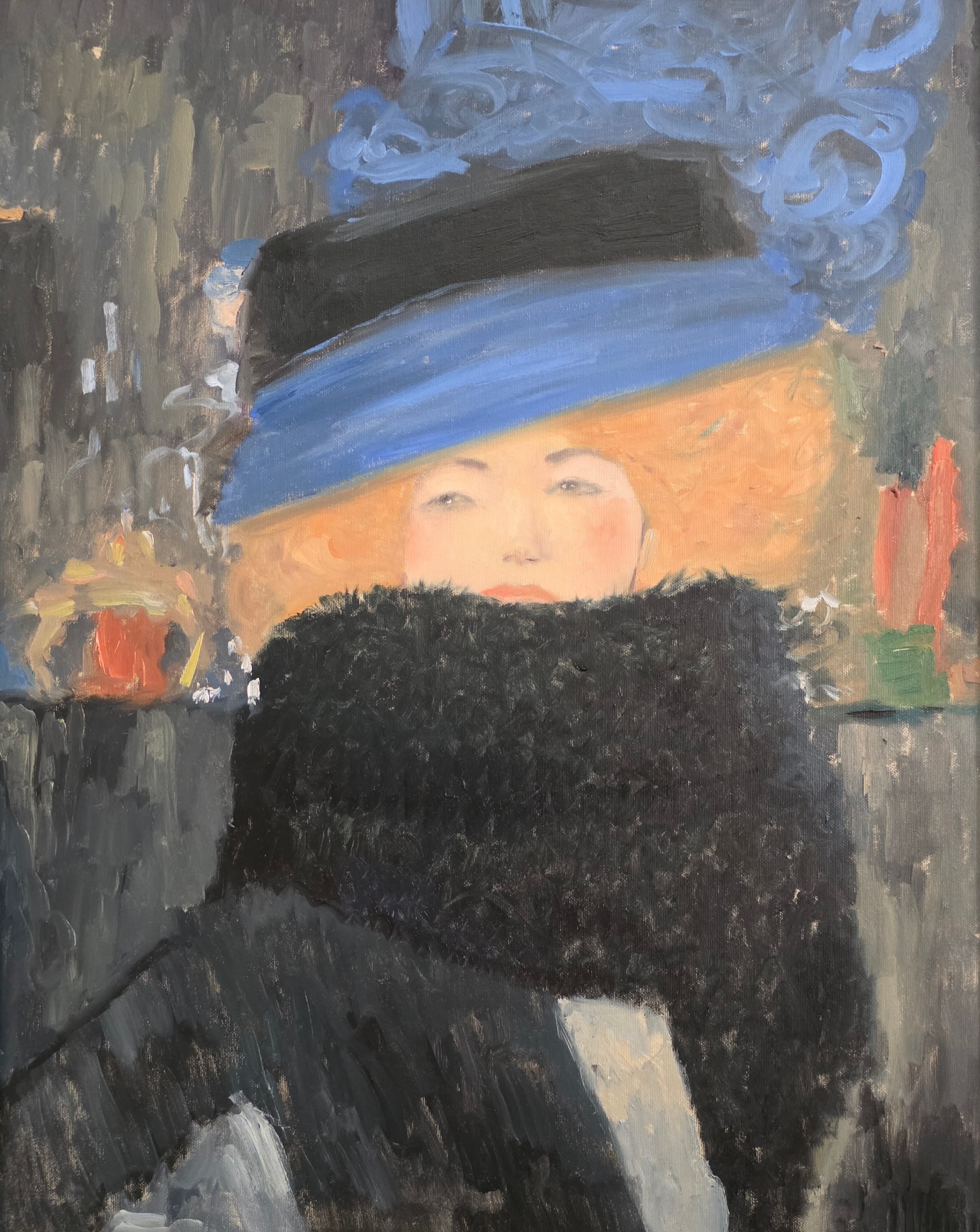 Signora con cappello e boa di piume di Gustav Klimt — falso d'autore dipinto a mano da Emilio Ventura, Olio su tela, 50x63 cm