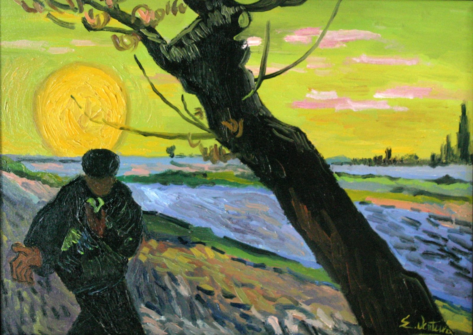 Il seminatore di Vincent Van Gogh — falso d'autore dipinto a mano da Emilio Ventura, Olio su tela, 30x40 cm