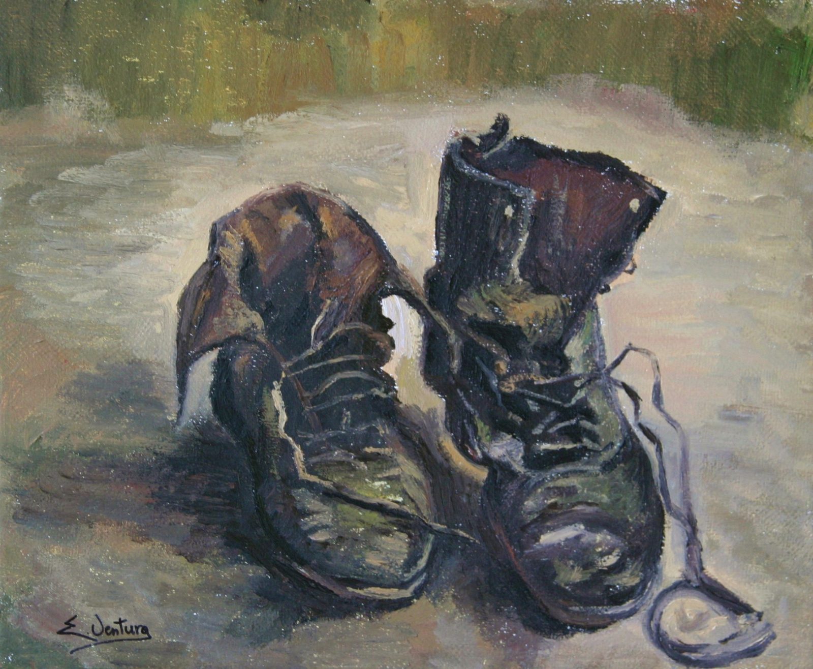 Scarponi di Vincent Van Gogh — falso d'autore dipinto a mano da Emilio Ventura, Olio su tela, 40x50 cm
