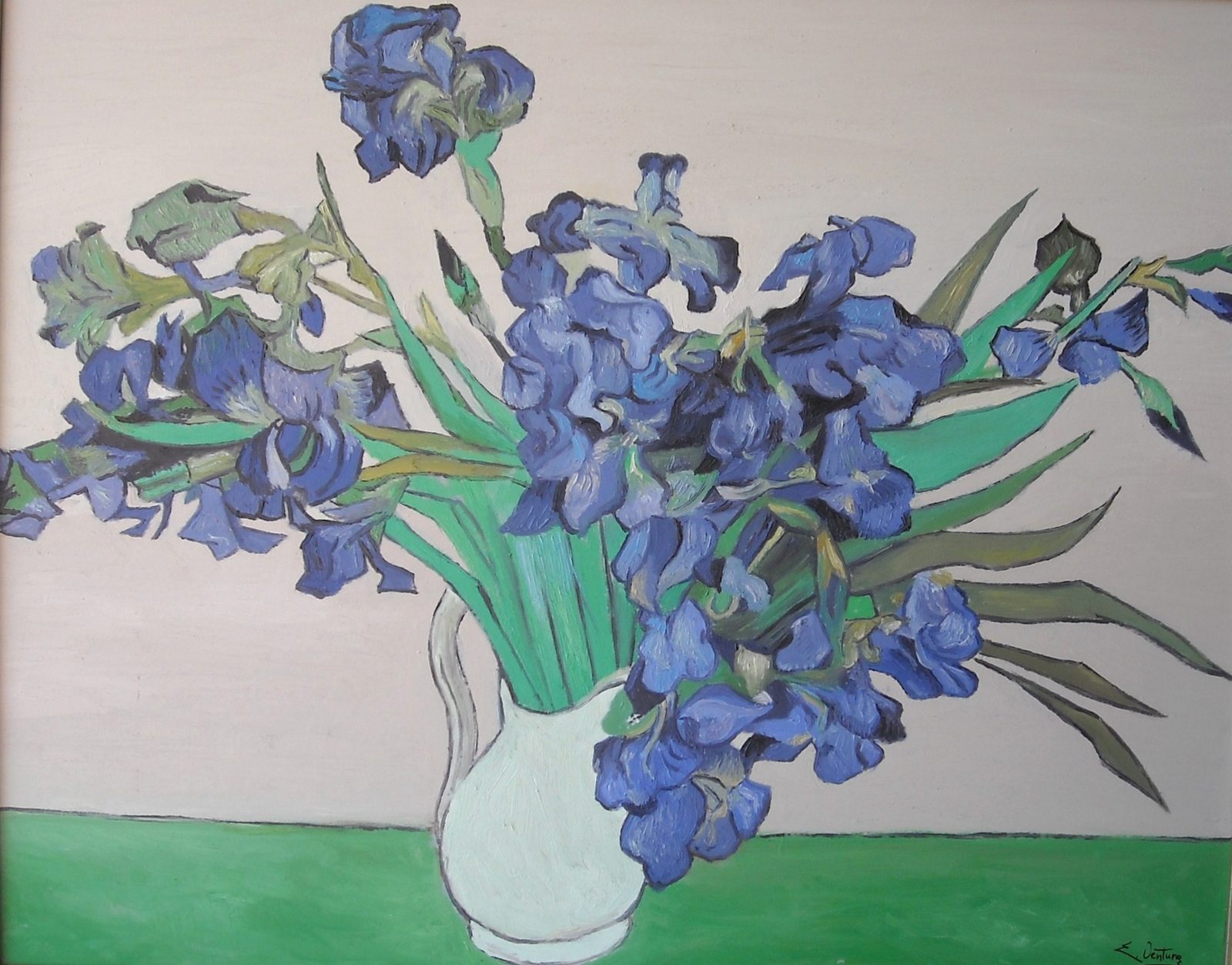 Vaso con iris di Vincent Van Gogh — falso d'autore dipinto a mano da Emilio Ventura, Olio su tela, 70x90 cm