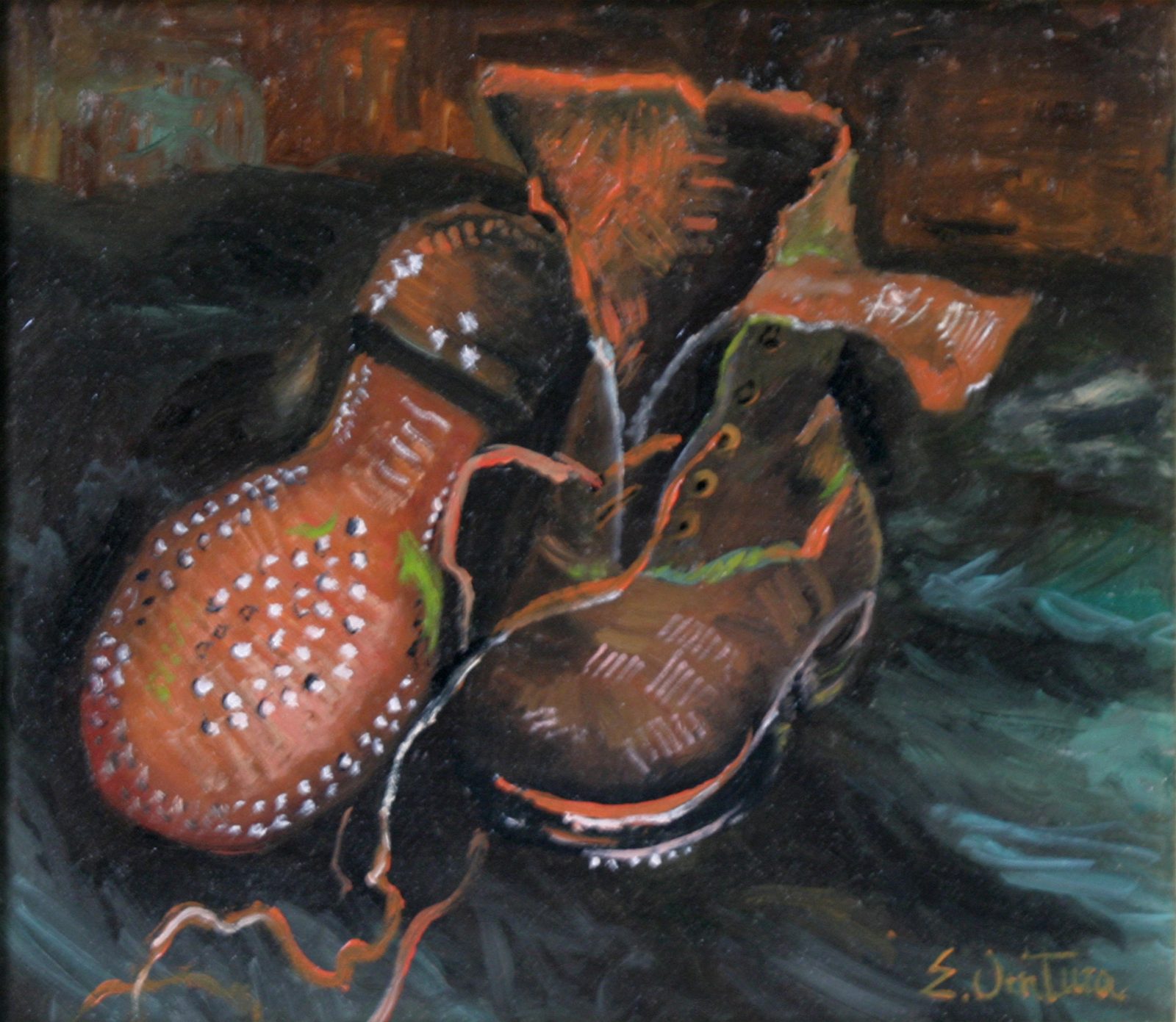Un paio di scarpe di Vincent Van Gogh — falso d'autore dipinto a mano da Emilio Ventura, Olio su tela, 25x22 cm