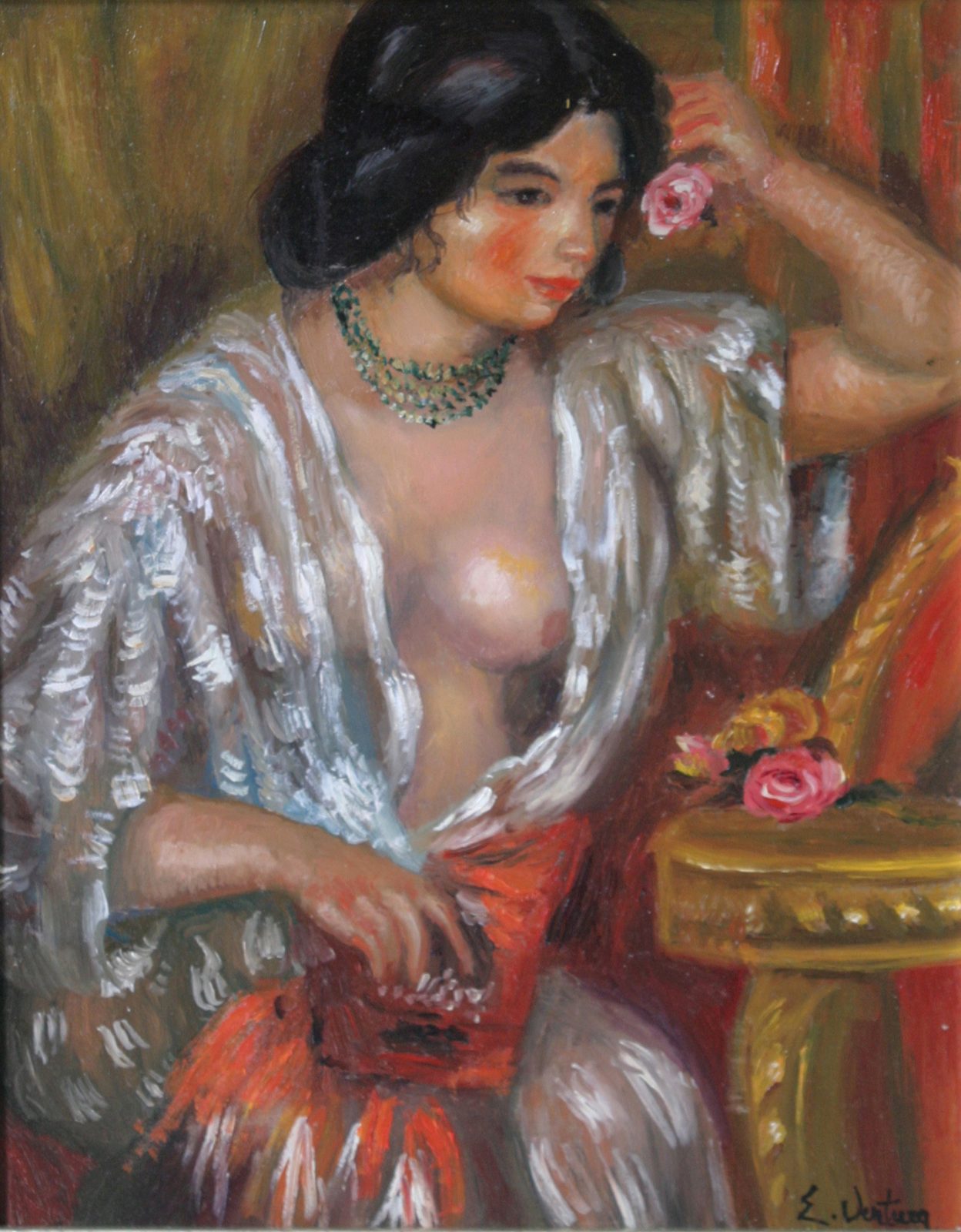 Gabrielle aux bijoux di Pierre-Auguste Renoir — falso d'autore dipinto a mano da Emilio Ventura, Olio su tela, 35x28 cm