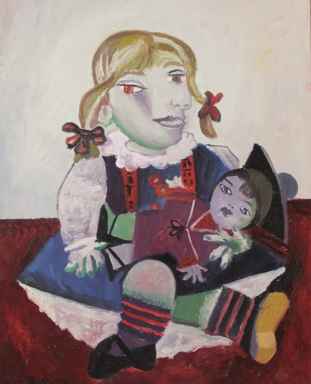 Maya con Bambola di Pablo Picasso — falso d'autore dipinto a mano da Emilio Ventura, Olio su tavola, 44x35 cm