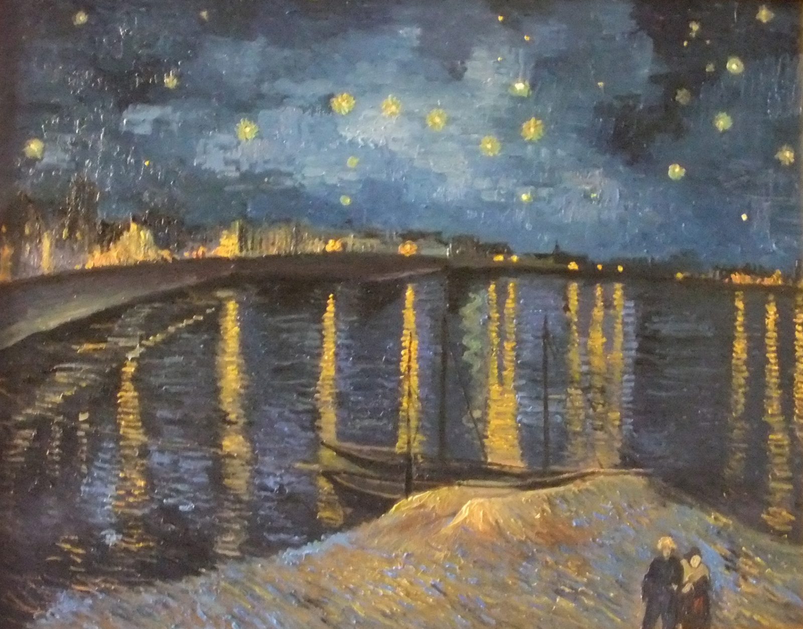 Notte stellata sul Rodano di Vincent Van Gogh — falso d'autore dipinto a mano da Emilio Ventura, Olio su tela, 70x90 cm
