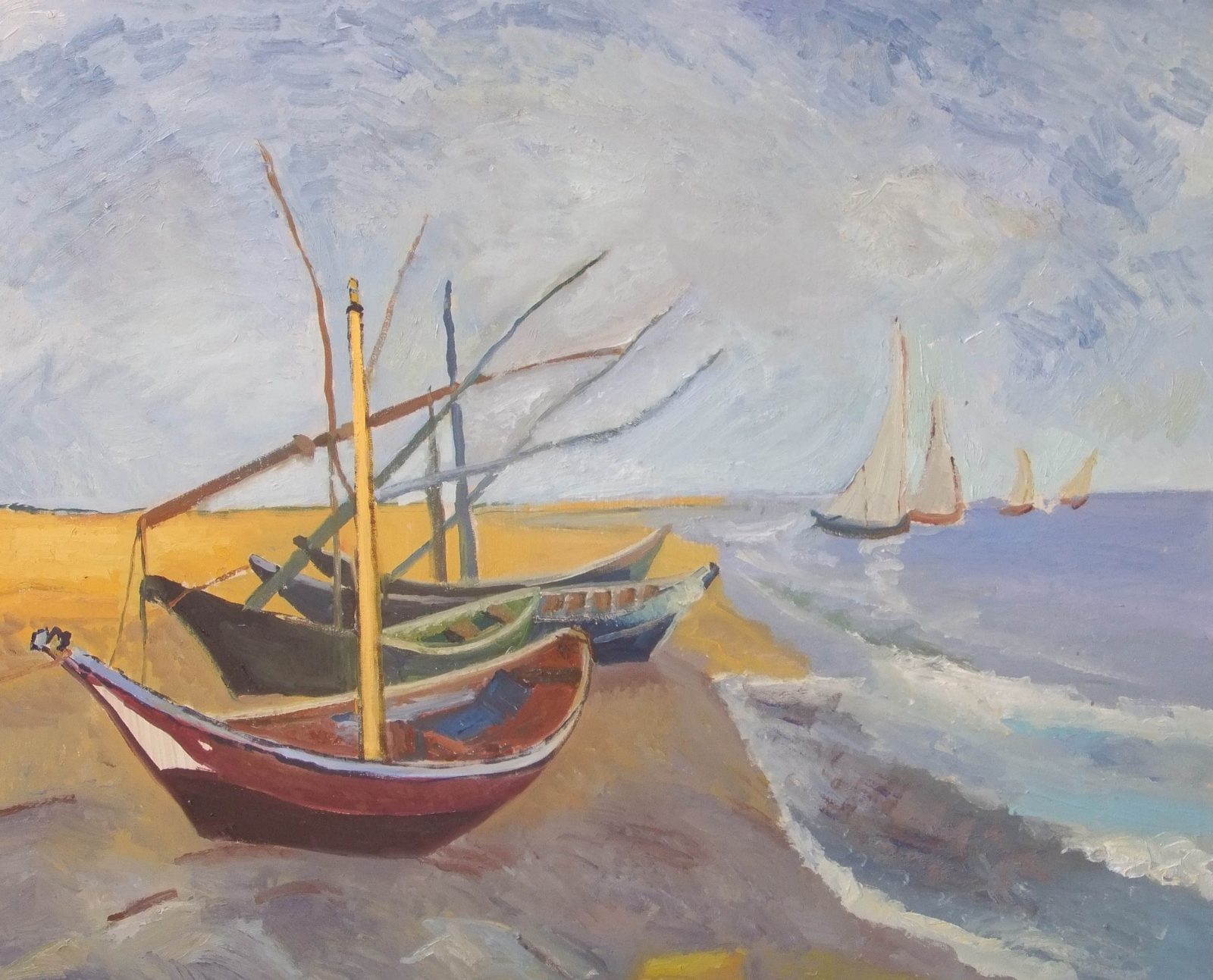Barche sulla spiaggia di Vincent Van Gogh — falso d'autore dipinto a mano da Emilio Ventura, Olio su tela, 80x60 cm