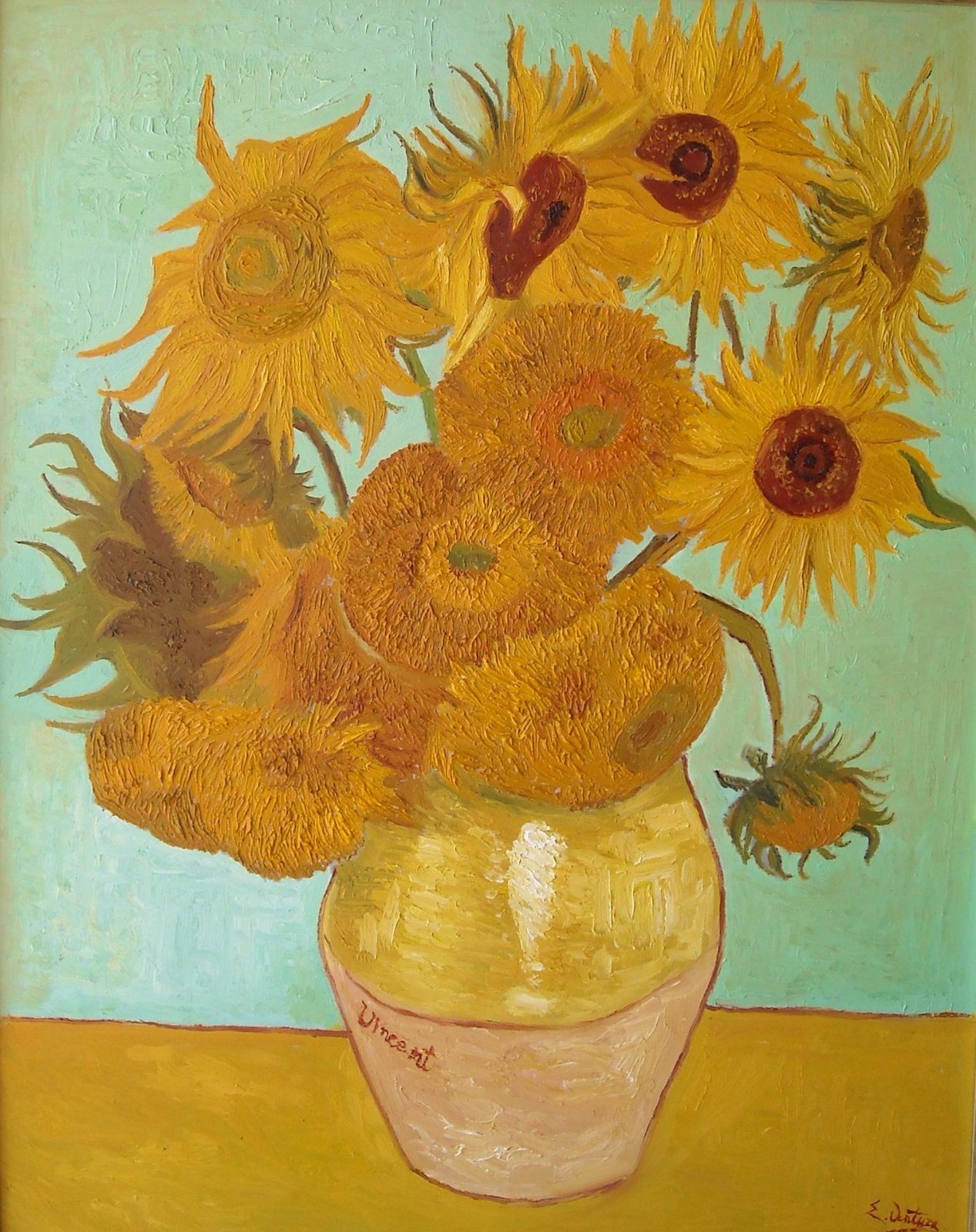 Vaso con girasoli di Vincent Van Gogh — falso d'autore dipinto a mano da Emilio Ventura, Olio su tela, 70x90 cm