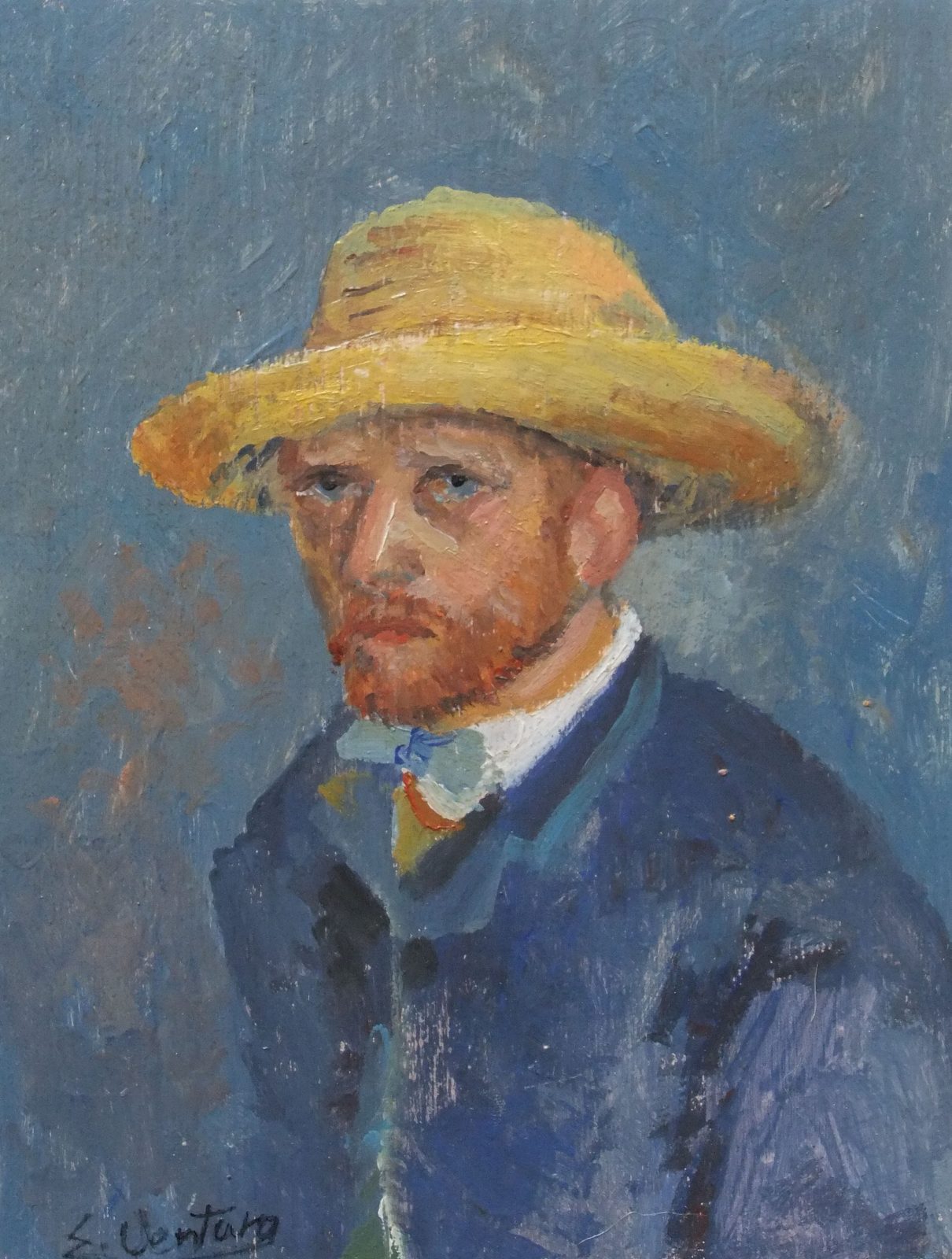 Autoritratto con cappello (piccolo formato) di Vincent Van Gogh — falso d'autore dipinto a mano da Emilio Ventura, Olio su tela, 14x18 cm