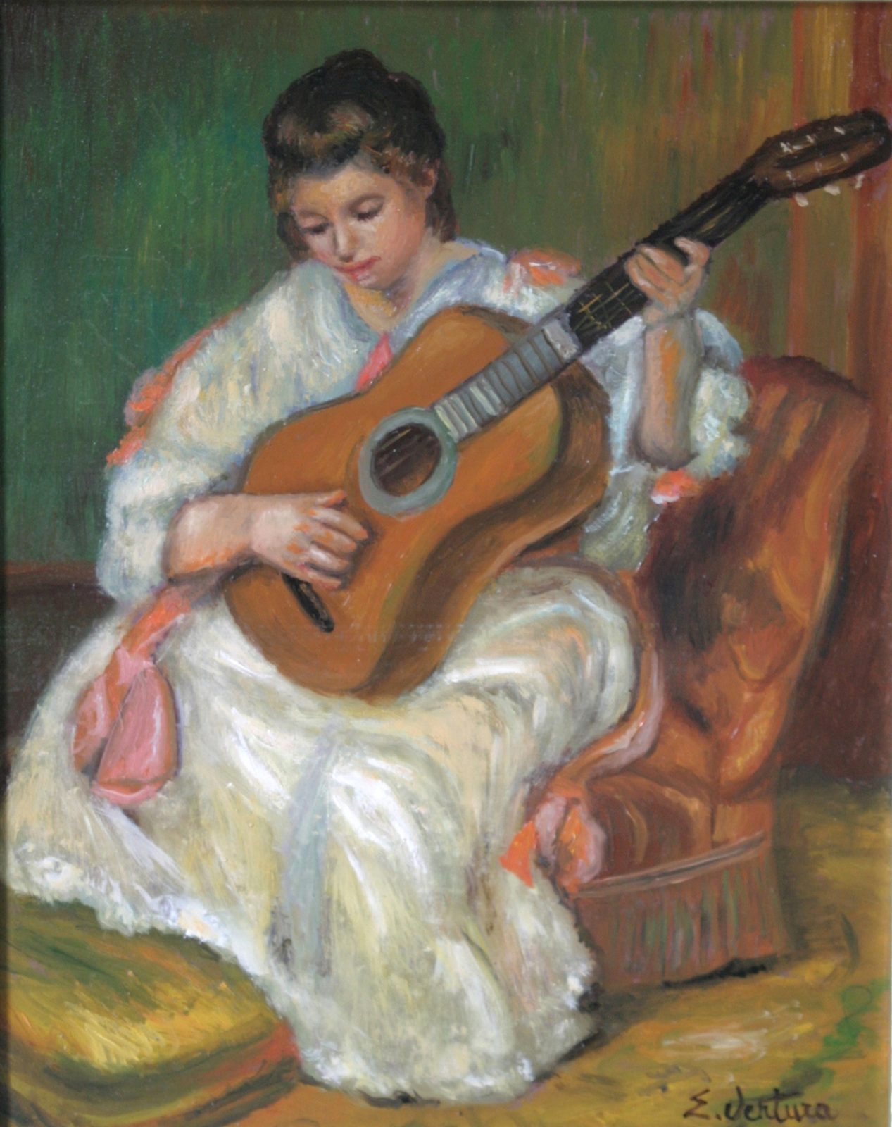 Donna che suona la chitarra di Pierre-Auguste Renoir — falso d'autore dipinto a mano da Emilio Ventura, Olio su tela, 26x32 cm