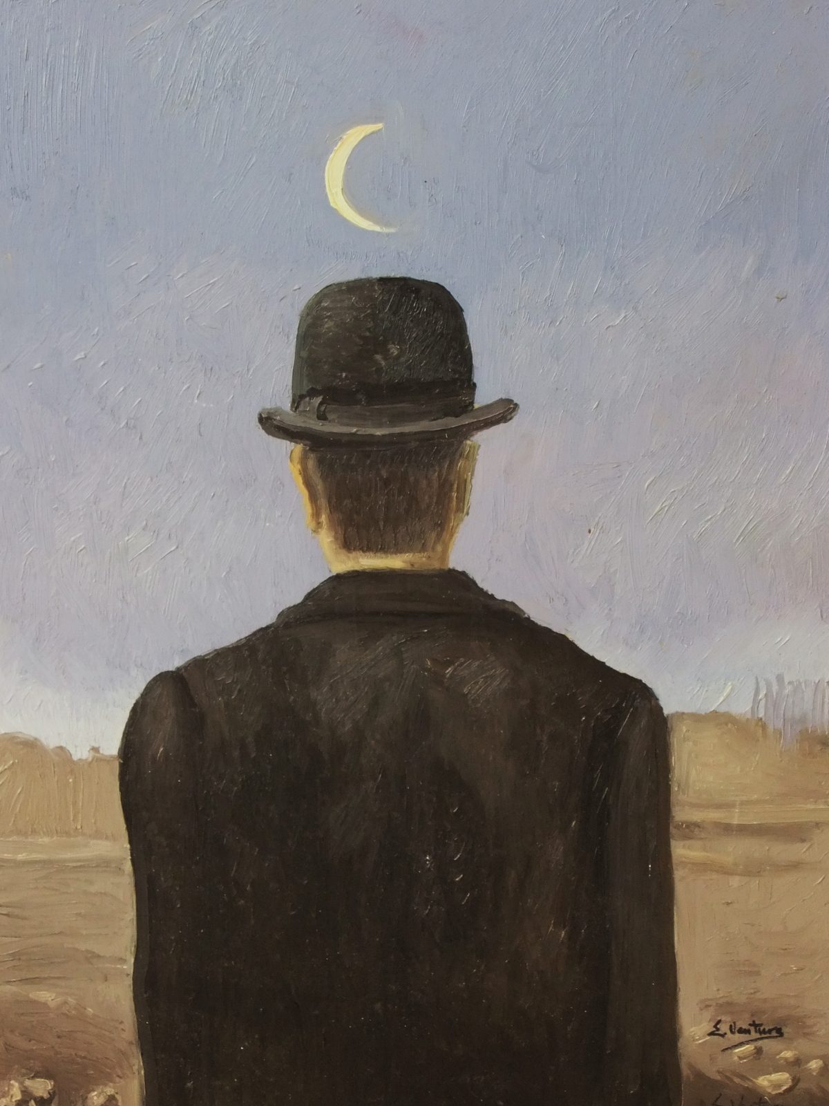 Il maestro di scuola di René Magritte — falso d'autore dipinto a mano da Emilio Ventura, Olio su tavola, 30x40 cm